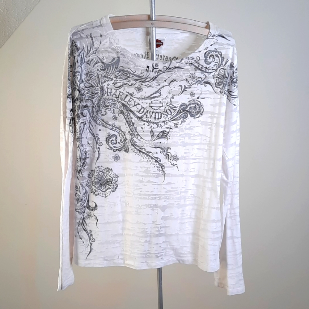 Harley-Davidson White Long Sleeve Top with Black Scroll Design